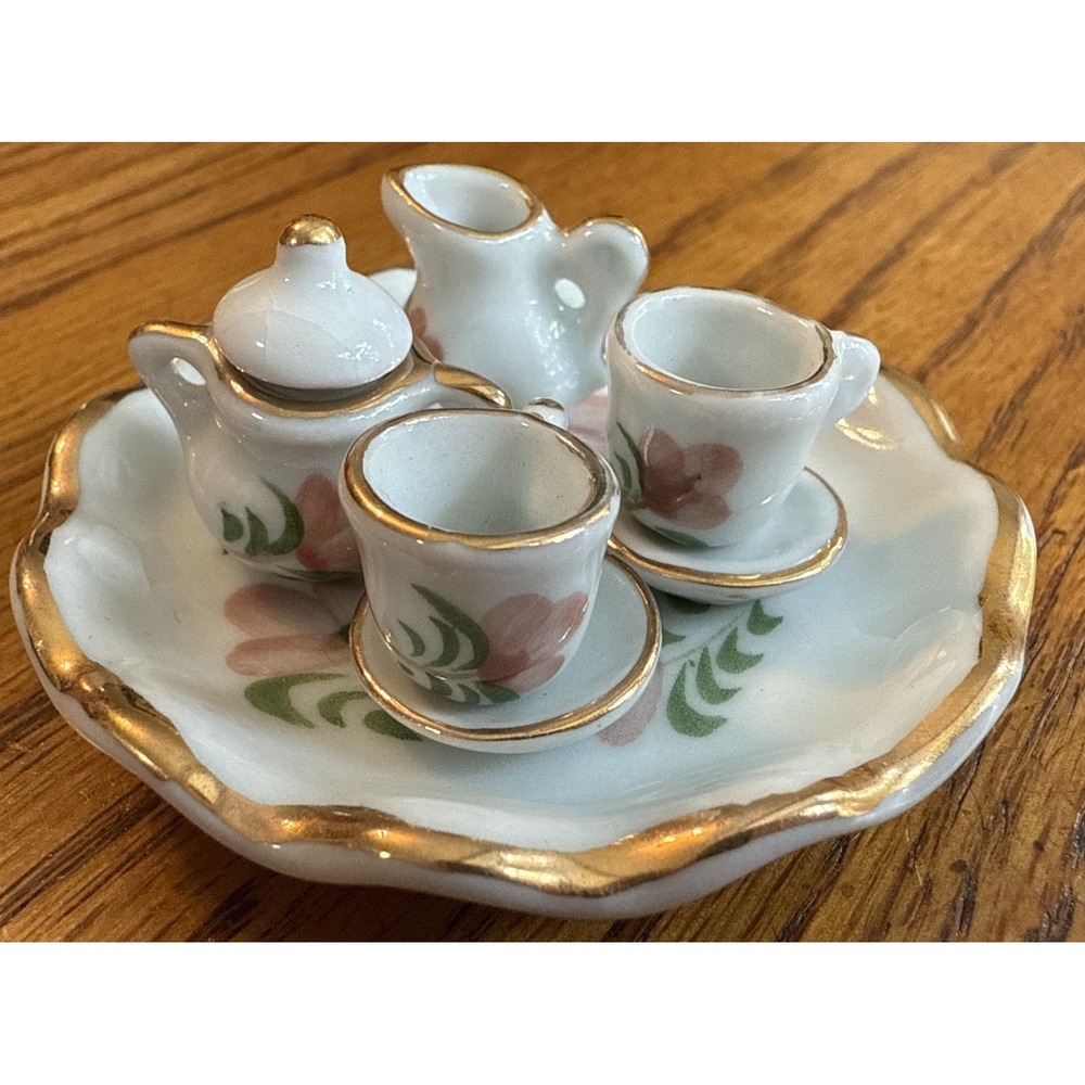 Vintage 1:12 Scale Miniature Porcelain Tea Set‎ 5 Pc Floral Gold Trim Dollhouse